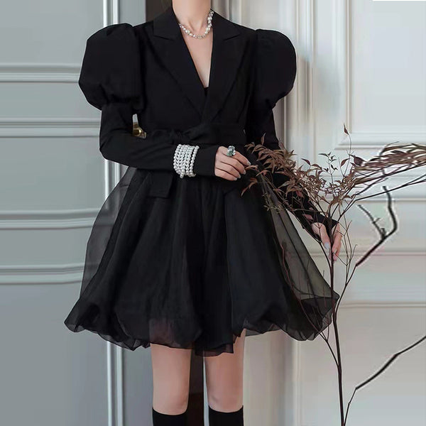 Spring Classic Retro Mesh Stitching Design Waist Black Puff Sleeves Suit