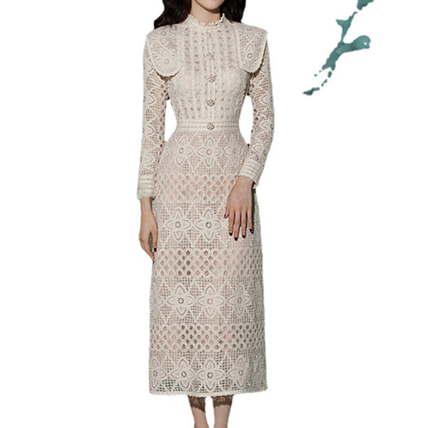 Temperament Retro Long Sleeved Waist Hollow Out Smock Lace Dress