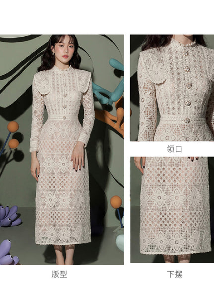 Temperament Retro Long Sleeved Waist Hollow Out Smock Lace Dress