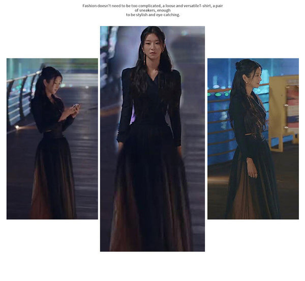 Spring Women Drama Black Fashion Suit Mesh Big Swing Skirt Dress