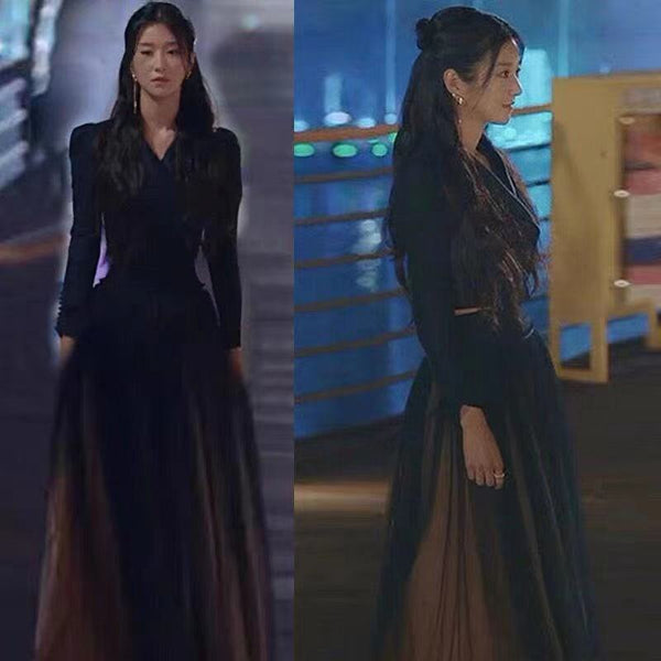 Spring Women Drama Black Fashion Suit Mesh Big Swing Skirt Dress