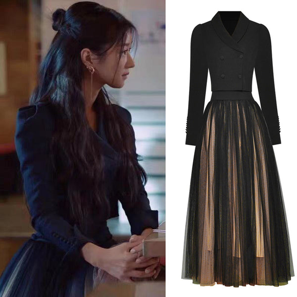 Spring Women Drama Black Fashion Suit Mesh Big Swing Skirt Dress