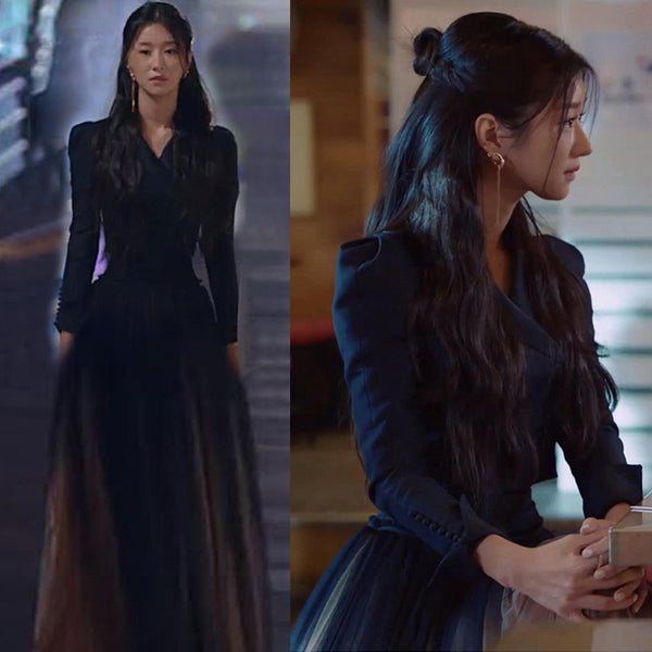 Spring Women Drama Black Fashion Suit Mesh Big Swing Skirt Dress