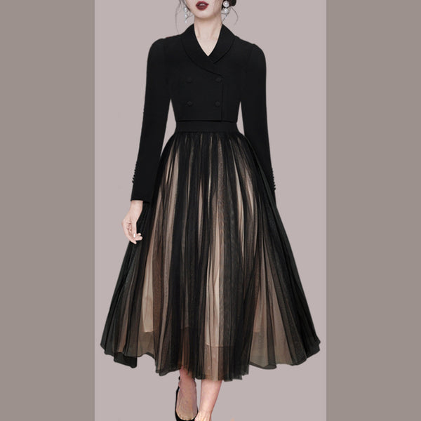 Spring Women Drama Black Fashion Suit Mesh Big Swing Skirt Dress