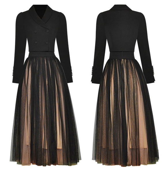Spring Women Drama Black Fashion Suit Mesh Big Swing Skirt Dress