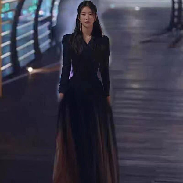 Spring Women Drama Black Fashion Suit Mesh Big Swing Skirt Dress