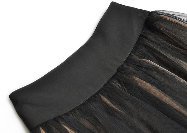 Spring Women Drama Black Fashion Suit Mesh Big Swing Skirt Dress