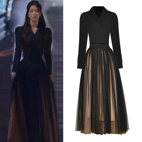 Spring Women Drama Black Fashion Suit Mesh Big Swing Skirt Dress