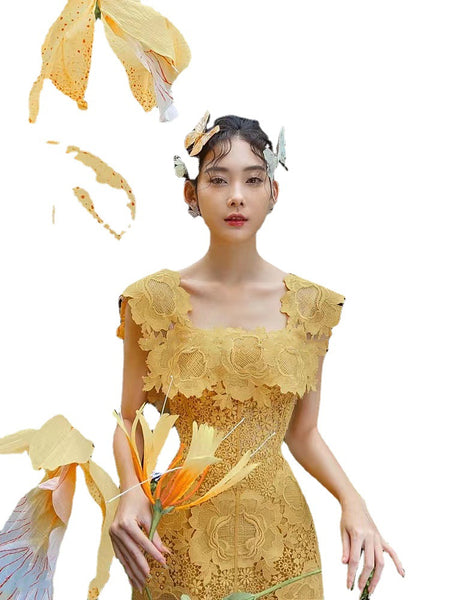 Spring Yellow Square Neck Lace Sweet Embroidery Luxury Sleeveless A Line Dress