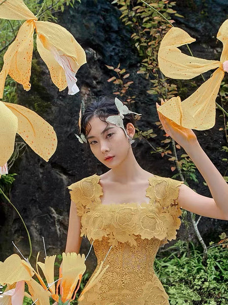 Spring Yellow Square Neck Lace Sweet Embroidery Luxury Sleeveless A Line Dress