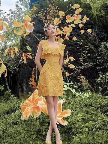 Spring Yellow Square Neck Lace Sweet Embroidery Luxury Sleeveless A Line Dress