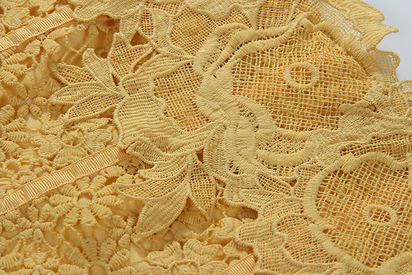 Spring Yellow Square Neck Lace Sweet Embroidery Luxury Sleeveless A Line Dress