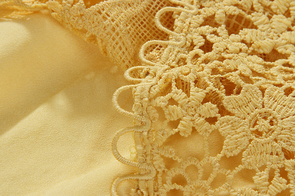 Spring Yellow Square Neck Lace Sweet Embroidery Luxury Sleeveless A Line Dress