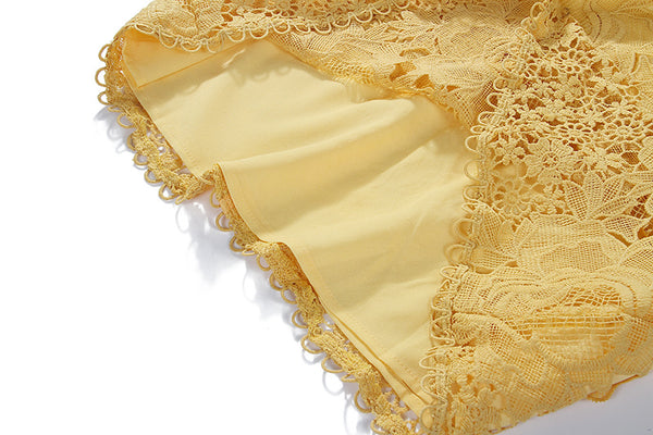 Spring Yellow Square Neck Lace Sweet Embroidery Luxury Sleeveless A Line Dress