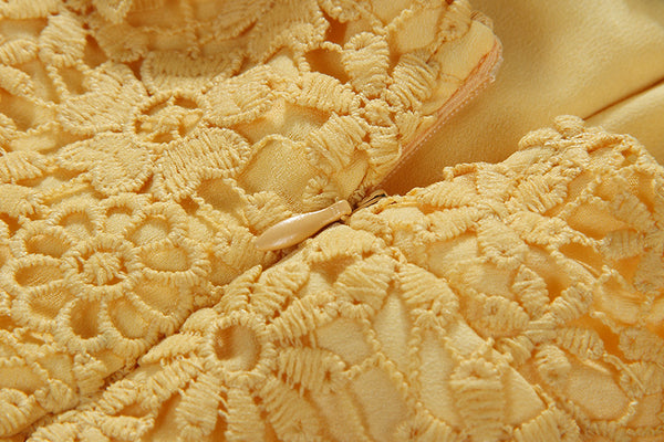 Spring Yellow Square Neck Lace Sweet Embroidery Luxury Sleeveless A Line Dress