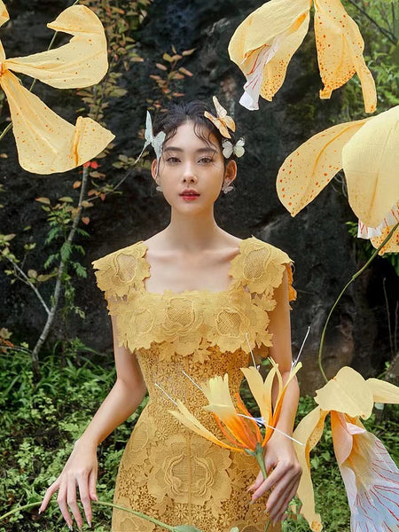 Spring Yellow Square Neck Lace Sweet Embroidery Luxury Sleeveless A Line Dress