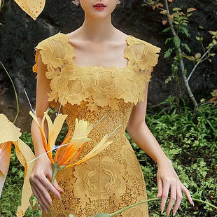 Spring Yellow Square Neck Lace Sweet Embroidery Luxury Sleeveless A Line Dress