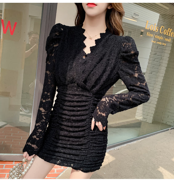 Spring Waist Slim V-neck Lace Long Sleeves Collage Fairy Dress
