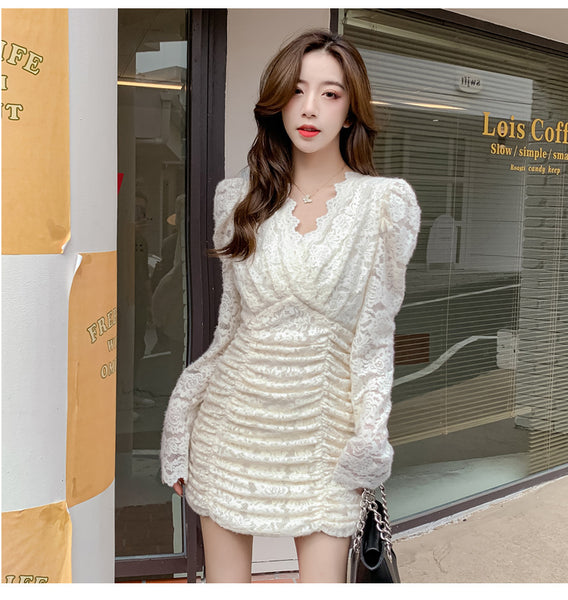 Spring Waist Slim V-neck Lace Long Sleeves Collage Fairy Dress