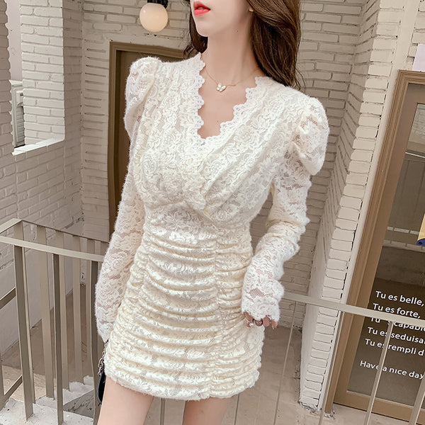 Spring Waist Slim V-neck Lace Long Sleeves Collage Fairy Dress