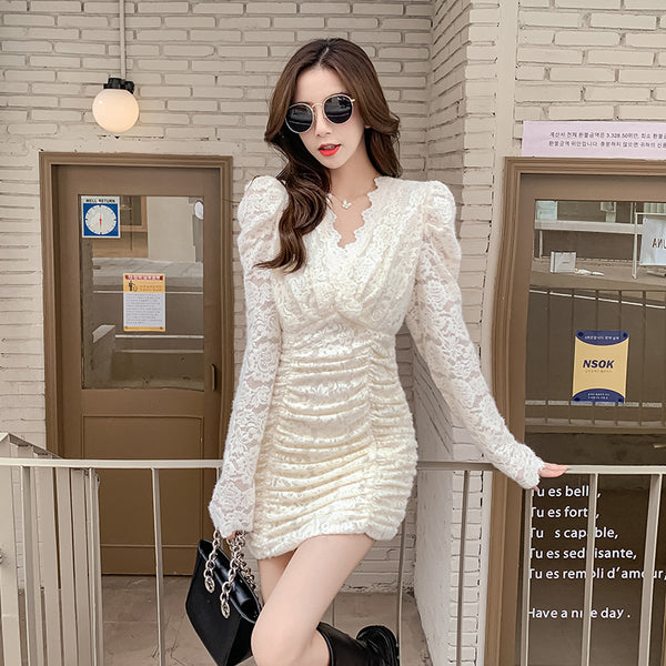 Spring Waist Slim V-neck Lace Long Sleeves Collage Fairy Dress