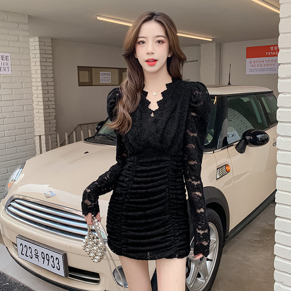 Spring Waist Slim V-neck Lace Long Sleeves Collage Fairy Dress