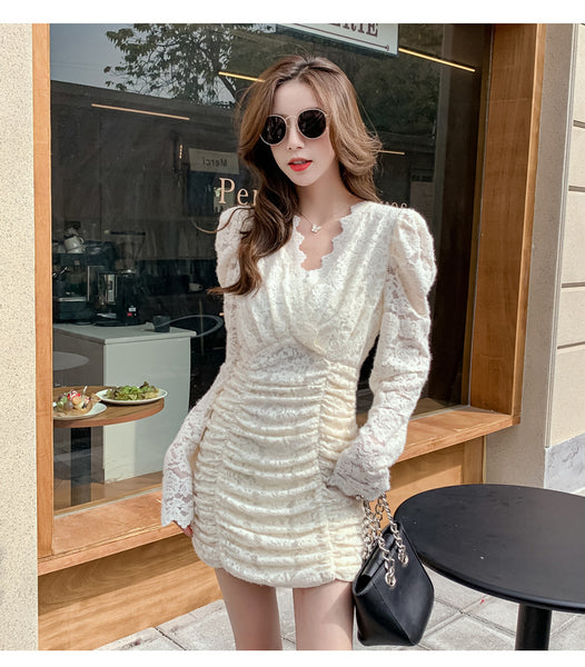 Spring Waist Slim V-neck Lace Long Sleeves Collage Fairy Dress