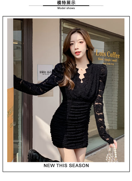 Spring Waist Slim V-neck Lace Long Sleeves Collage Fairy Dress