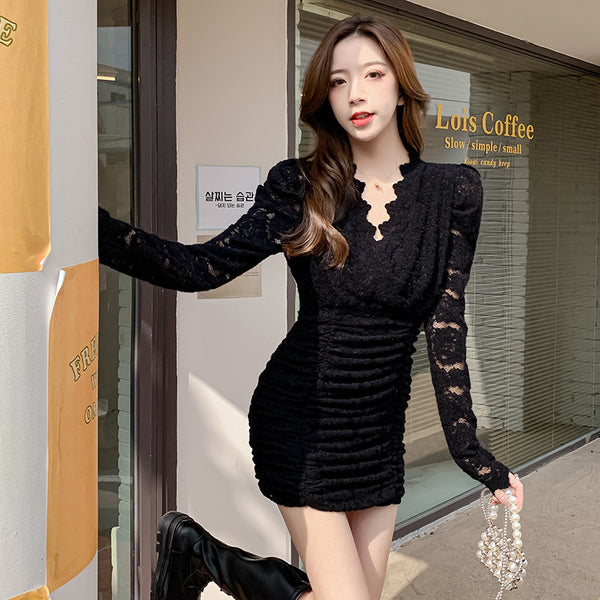 Spring Waist Slim V-neck Lace Long Sleeves Collage Fairy Dress