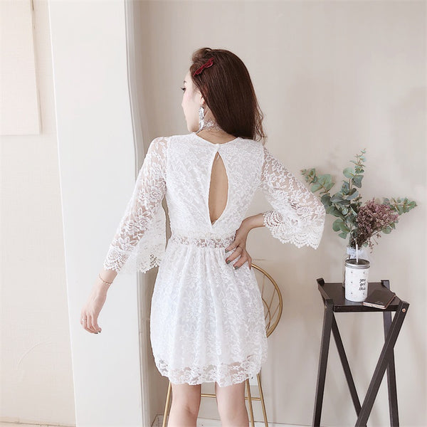 Women Lace V-neck Temperament Trumpet Sleeves Scheming Backless White Black Dress