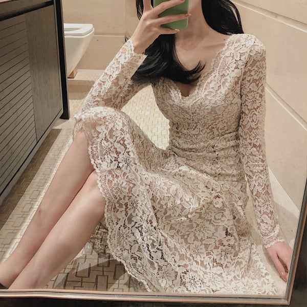 Sexy Spring Temperament V-neck Long Skirt High Waist Lace A Line Dress