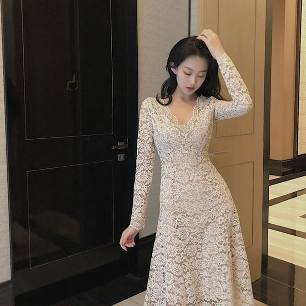 Sexy Spring Temperament V-neck Long Skirt High Waist Lace A Line Dress