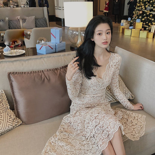 Sexy Spring Temperament V-neck Long Skirt High Waist Lace A Line Dress