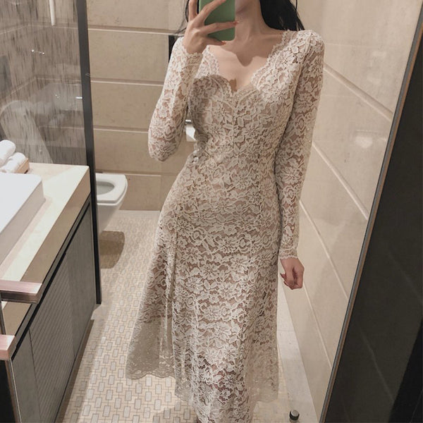 Sexy Spring Temperament V-neck Long Skirt High Waist Lace A Line Dress