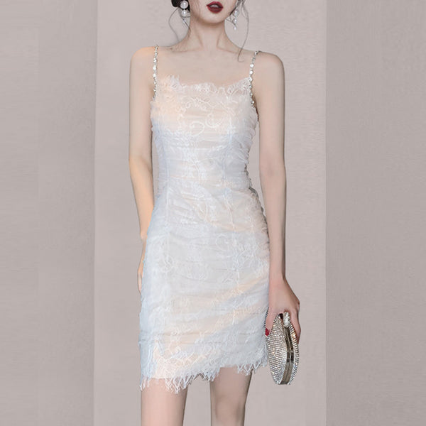 Sexy Sweet Sling Shoulder Skirt Temperament Lace High Fairy Hips Bodycon Dress