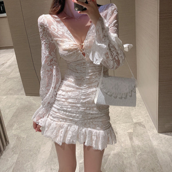 V-Neck Sweet Lace Ruffled Fishtail Long Sleeves High Waist Dress