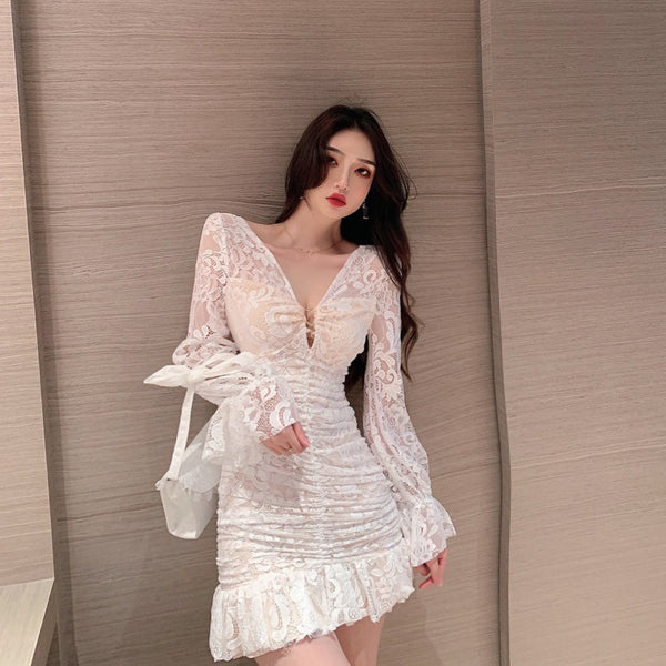 V-Neck Sweet Lace Ruffled Fishtail Long Sleeves High Waist Dress