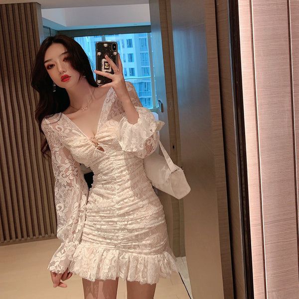 V-Neck Sweet Lace Ruffled Fishtail Long Sleeves High Waist Dress