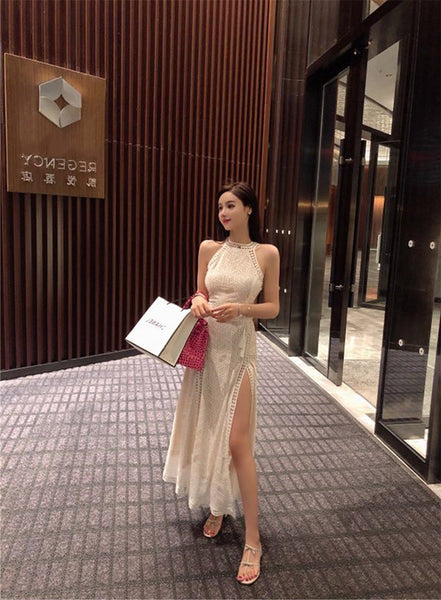 Spring Summer Temperament Angel Cut Shoulders Sexy Split Open Back Halter Lace Dress