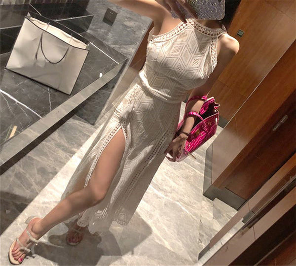 Spring Summer Temperament Angel Cut Shoulders Sexy Split Open Back Halter Lace Dress