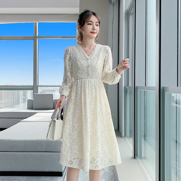 Long Sleeved Elegant Women Waist Fairy Lace Long A Line Skirt Dress