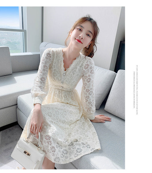 Long Sleeved Elegant Women Waist Fairy Lace Long A Line Skirt Dress