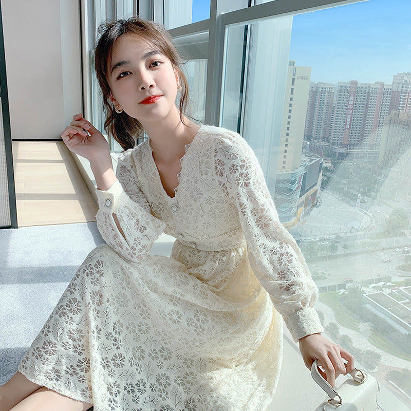 Long Sleeved Elegant Women Waist Fairy Lace Long A Line Skirt Dress