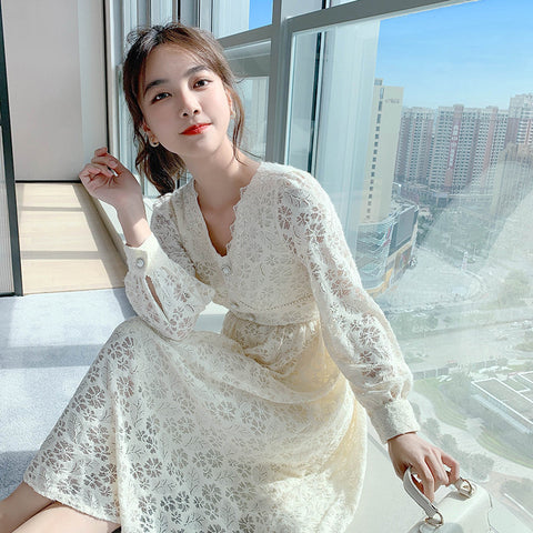 Long Sleeved Elegant Women Waist Fairy Lace Long A Line Skirt Dress