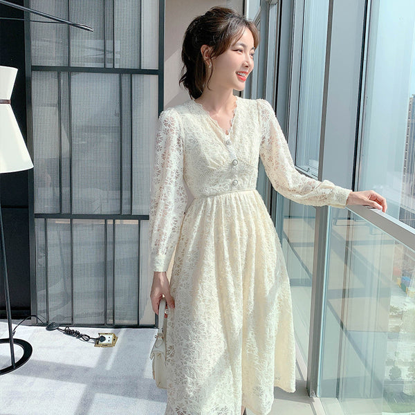 Long Sleeved Elegant Women Waist Fairy Lace Long A Line Skirt Dress