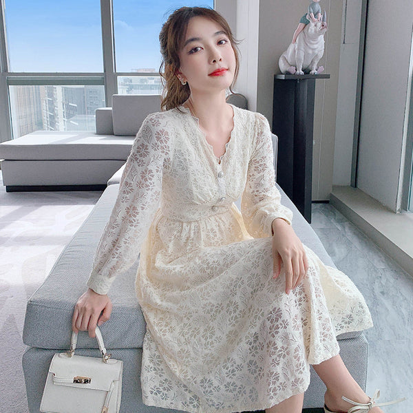 Long Sleeved Elegant Women Waist Fairy Lace Long A Line Skirt Dress