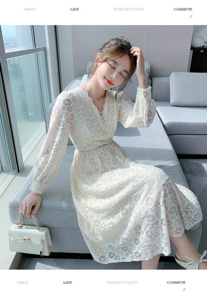 Long Sleeved Elegant Women Waist Fairy Lace Long A Line Skirt Dress