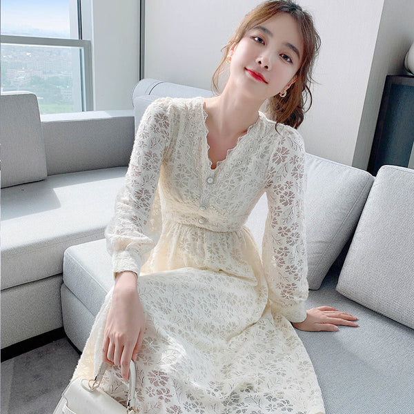 Long Sleeved Elegant Women Waist Fairy Lace Long A Line Skirt Dress
