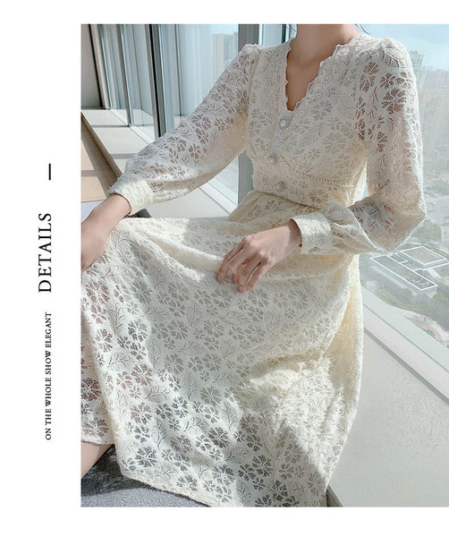 Long Sleeved Elegant Women Waist Fairy Lace Long A Line Skirt Dress