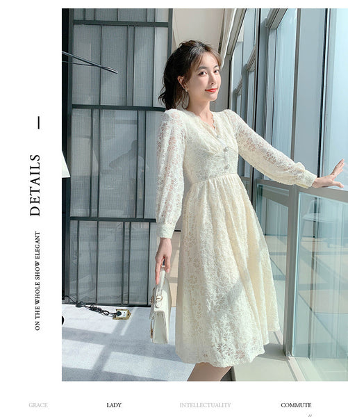 Long Sleeved Elegant Women Waist Fairy Lace Long A Line Skirt Dress